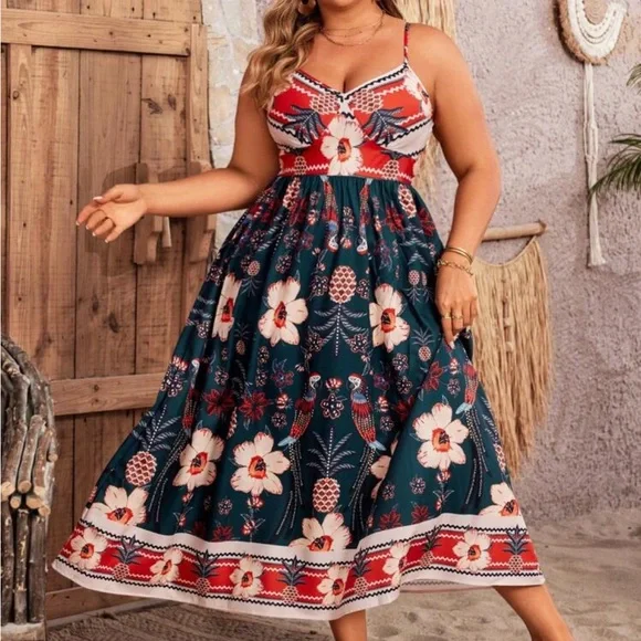 Boho Floral Tropical Birds Parrot Print Cami Tank Top Maxi Dress Black